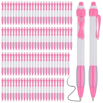 100шт Розовых ручек с лентой, черные чернила, выдвижные шариковые ручки для канцелярских товаров, подарок для женщин и девочек, прочный Розовый