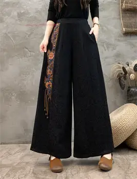 2024 китайские винтажные брюки, брюки с цветочной вышивкой, женские традиционные широкие брюки, национальные хлопчатобумажные льняные народные свободные брюки