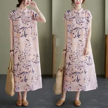 2024 китайское винтажное платье чонсам с национальным цветочным принтом хлопчатобумажное льняное платье ципао винтажное китайское платье в народном стиле qipao dress