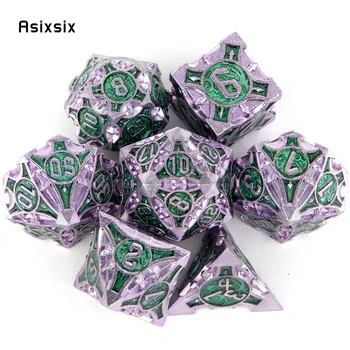 7 шт. Фиолетово-зеленых металлических кубиков, набор твердых металлических многогранных кубиков, подходящих для ролевой настольной игры RPG, карточной игры