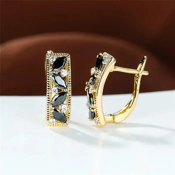 Huitan Новые женские серьги-кольца с черным кубическим цирконием Marquise, роскошные серьги золотого цвета, свадебные украшения для темпераментных леди