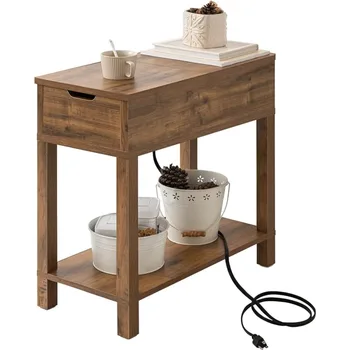 Labcosi Узкий приставной столик с зарядной станцией, Раскладной приставной столик для дивана с хранилищем и USB-портами и розетками, узкая прикроватная тумбочка
