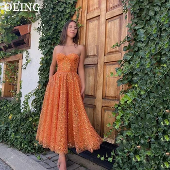 OEING Оранжевые платья для выпускного вечера, блестящее вечернее платье трапециевидной формы с пайетками чайной длины, вечернее платье для торжественных мероприятий, Vestidos De Fiesta