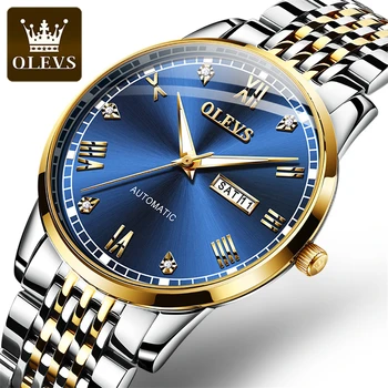 OLEVS Модные синие механические часы для мужчин, водонепроницаемые мужские часы с календарем и автоматикой, лучший бренд класса Люкс