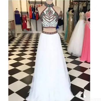 Vestido De Formatura Белые платья для выпускного вечера 2020, шифоновое платье из двух частей трапециевидной формы с вышивкой и цветочным принтом на бретельках, из двух частей для выпускного вечера