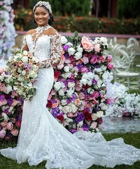 Арабское роскошное кружевное Сексуальное свадебное платье большого размера с прозрачным вырезом и длинными рукавами, винтажные свадебные платья 2023 года.