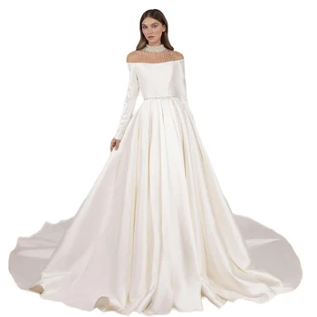 Атласное свадебное платье с вырезом лодочкой, длинный рукав, блестящий пояс, застежка-молния сзади, свадебные платья для женщин, индивидуальные размеры