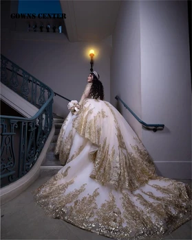 Блестящие аппликации из золотых блесток с длинным рукавом, Бальное платье, Пышные платья, Корсетные Свадебные платья Sweet 16 aqua quinceñeara