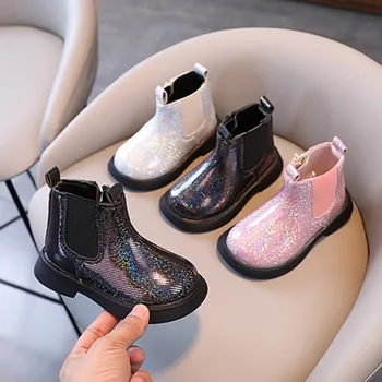 Ботильоны для девочек; Модные ботинки принцессы с блестками; Новинка 2023 года; Осенняя детская обувь с боковой молнией; нескользящие ботинки на мягкой подошве 부츠