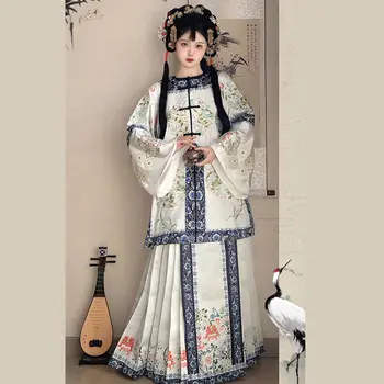 Вышейте цветок Ханфу, костюм Ципао в китайском стиле для женщин, элегантный комплект юбки с лошадиной мордой династии Цин, роскошные костюмы в придворном стиле.