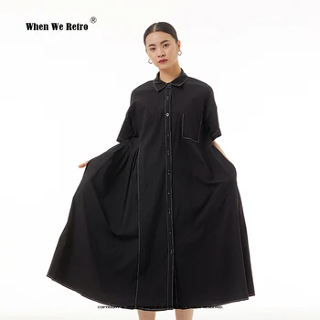 Длинные платья с отложным воротником из 97% хлопка Для женщин, универсальные, свободные, яркие, контрастного цвета, женское платье макси VP0110
