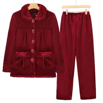 Домашняя одежда для пожилых людей 5XL, осенне-зимняя фланелевая пижама, костюм, плюшевая теплая домашняя одежда для мамы, комплекты из двух предметов