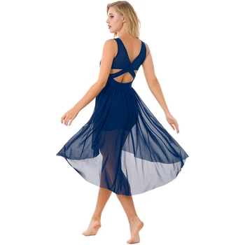Женское блестящее танцевальное платье-трико с блестками, Прозрачная сетка, перекрещивающийся вырез на спине, Асимметричный подол, танцевальные платья
