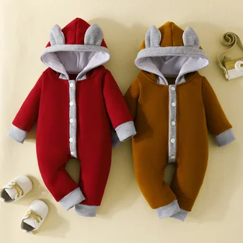 Зимний комбинезон для новорожденных, детский однобортный комбинезон в стиле пэчворк с капюшоном и заячьими ушками, штаны для плотной одежды 0-18 м