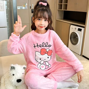 Зимний фланелевый пижамный комплект Sanrio Cinnamoroll, плотный пижамный костюм Kuromi My Melody для мальчиков и девочек, теплый милый пижамный костюм для сна