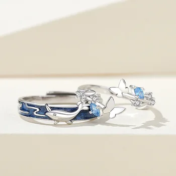 Изысканные парные кольца с китом и бабочкой, серебряная открытая регулируемая помолвка S925.Оптовая продажа из Гуанчжоу.