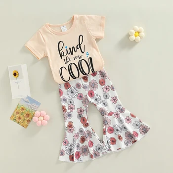 Комплект из футболки и брюк для девочек 2019, модные топы с короткими рукавами и буквенным принтом и расклешенные брюки с цветочным принтом, 9 месяцев-4 года