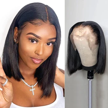 Короткий парик-боб из человеческих волос, бразильский для чернокожих женщин, предварительно выщипанный, с прямой Т-образной частью, с кружевной застежкой, парики-Бобы спереди