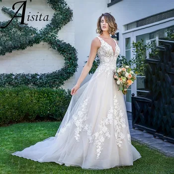 Красивое свадебное платье с глубоким V-образным вырезом, свадебное платье без рукавов трапециевидной формы, кружевные аппликации, открытая спина, шлейф Vestidos De Novia
