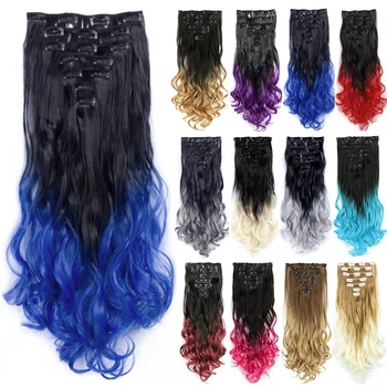 Кудрявый Синтетический Омбре Синий Зажим для Наращивания Волос На Всю Голову для Женщин Postiche Поддельные Натуральные Волосы