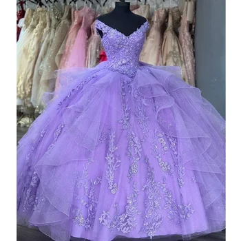 Лавандовое Бальное Платье Принцессы Quinceanera Платья 2024 С Открытыми Плечами Кружевные Аппликации Crystal Sweet 16 Платьев Vestidos De 15 Anos