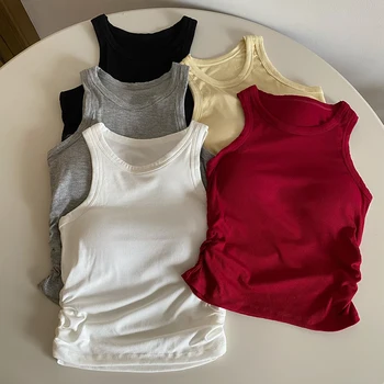 Летние женские модные однотонные базовые футболки, жилет с накладкой на грудь, высокоэластичный сексуальный топ без рукавов на бретелях