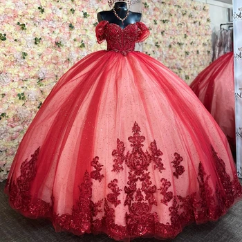 Мексиканские Красные Блестящие Пышные платья 2024 С Бисером И Аппликациями, Кружево С Открытыми плечами, Sweet 16 Vestidos De 15 Anos Birthday Miss