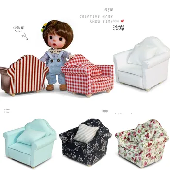 Мини-кресло для кукольного домика Миниатюрные предметы Односпальный диван с подушкой 1: 12 BJD Аксессуары для кукольного дома Мебель для гостиной