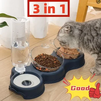 Миска для домашних кошек, автоматическая кормушка 3-в-1, Миска для корма для собак и кошек с фонтаном для воды, Двойная миска для питья, Приподнятая подставка, миски для посуды для кошек