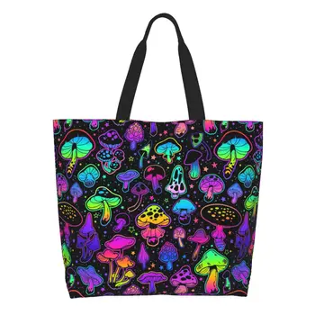 Многоразовая хозяйственная сумка с Психоделическими Волшебными грибами, женская Холщовая сумка через плечо, Прочные сумки для покупок продуктов,