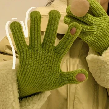 Модные вязаные перчатки с сенсорным экраном, зимние теплые мягкие Студенческие перчатки для верховой езды с полными пальцами, Пушистые рабочие варежки Y2k Harajuku