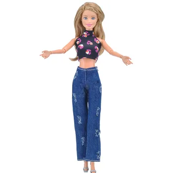 Модный наряд ручной работы для куклы Барби, черный короткий топ без рукавов с цветочным рисунком и джинсовые брюки, одежда для кукол Barbie 1/6, аксессуары для кукол.
