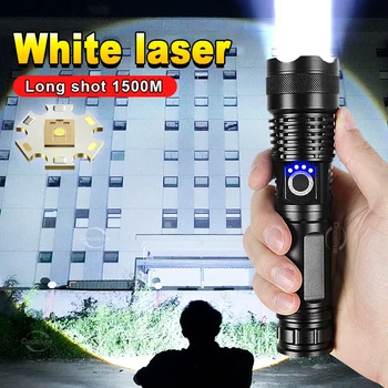 Мощные светодиодные фонари, белый лазер, супер яркий фонарь дальнего действия, USB Перезаряжаемый телескопический зум, открытый тактический фонарь