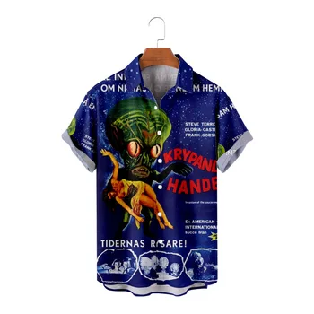 Мужская рубашка оверсайз, рубашка с 3D принтом Alien Species, гавайская рубашка, летняя повседневная пляжная рубашка с короткими рукавами
