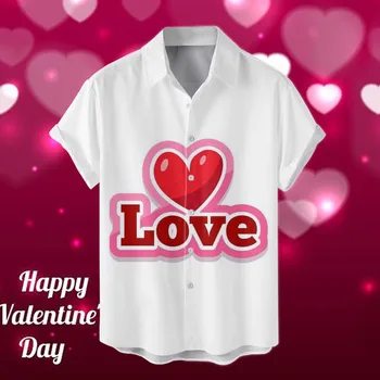 Мужская футболка с короткими рукавами и отворотом на пуговицах с цифровой 3D печатью на День Святого Валентина.