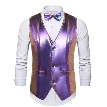 Мужское Блестящее Фиолетовое Металлическое платье-жилет Slim Fit с V-образным вырезом, костюм, жилет с галстуком-бабочкой, смокинг для выпускного вечера, жилеты для мужчин Chaleco Hombre XXL