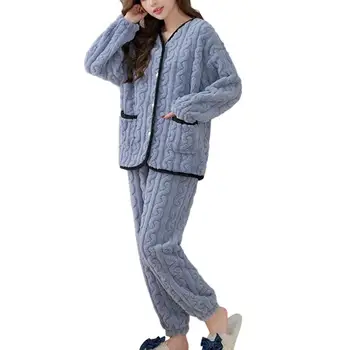 Мягкая плюшевая женская одежда для отдыха, женский пижамный комплект, уютный зимний пижамный комплект для женщин, плюшевое пальто с V-образным вырезом, Свободные брюки, домашняя одежда, костюм