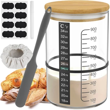 Набор банок для закваски объемом 900 мл, Прозрачная стеклянная емкость для закваски с деревянной крышкой, термометр для выпечки хлеба