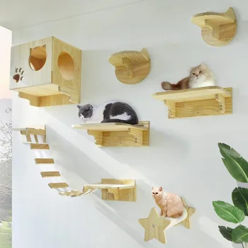 Настенная мебель для кошек, деревянные полки, настенные ступеньки, лестница, кровать для кошек, конструкция для лазания по дереву, набор из 9