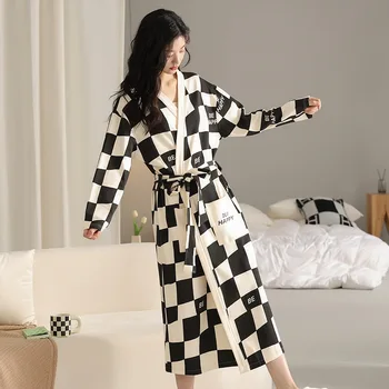 Новый женский халат-кимоно, халат из 100% хлопка, свободная пижама с V-образным вырезом, ночная рубашка с поясом, ночная рубашка, Повседневная домашняя одежда