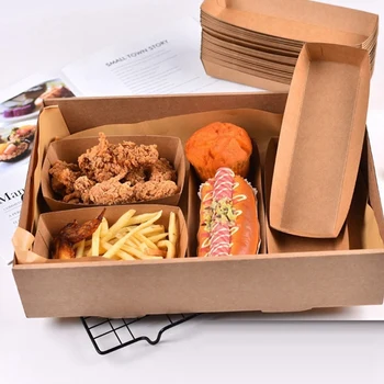 Одноразовый поднос для подачи еды из крафт-бумаги 200шт. Коробка для хот-догов с картошкой Фри и курицей из крафт-бумаги