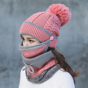 Осенне-зимние кепки, женская вязаная шапка, теплый шарф, Ветрозащитная многофункциональная термошапка, комплект шарфов для женщин, туристические кепки