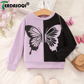 Осенне-зимняя детская одежда для девочек 3-7 лет, цветная спортивная толстовка с бабочкой, круглый вырез, длинный рукав, теплый топ