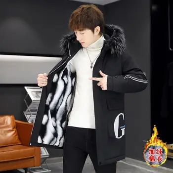 Осенне-зимняя Корейская версия средней длины, модный тренд Плюс толстая Мужская куртка из флиса, модное пальто с капюшоном, хлопчатобумажная одежда Parker