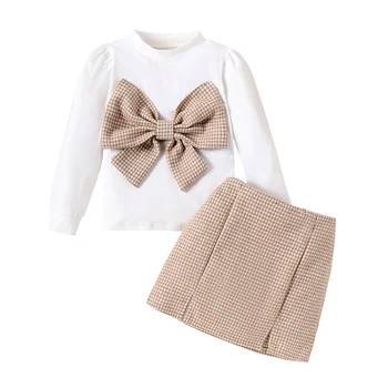 Осенние наряды для девочек из 2 предметов, белые топы с бантом и длинными рукавами, юбка-карандаш в клетку, Комплект
