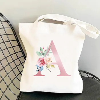 Персонализированная повседневная сумка-тоут, Розовая Хлопчатобумажная холщовая сумка для покупок с принтом алфавита, сумка для студентов, книга для учителя, дорожная сумка