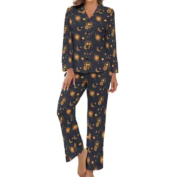 Пижама Sun Moon, женская пижама с принтом Галактики, романтическая пижама, осень, с длинным рукавом, 2 предмета, пижамные комплекты для сна с V-образным вырезом на заказ
