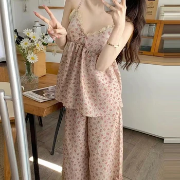 Пижама в корейском стиле для женщин и девочек с цветочным принтом, сексуальная кружевная пижама с V-образным вырезом