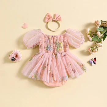 Платье-комбинезон с цветочной вышивкой для маленьких девочек, тюлевый комбинезон с короткими пышными рукавами и повязкой на голову с бантом