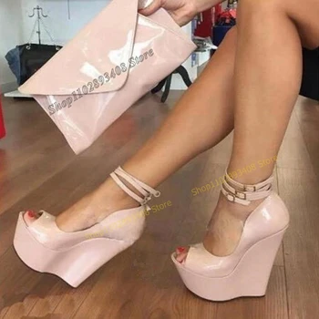 Розовый цвет Сандалии на танкетке и каблуке Ремешок с пряжкой Открытый носок Шпилька Женская обувь на высоком каблуке Лето 2023 Мода Сексуальная Zapatos Para Mujere